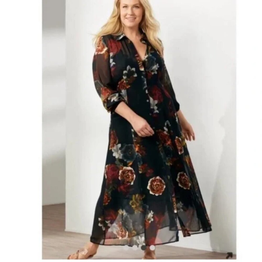 Soft Surroundings Anais Black Floral Dress Slip and Button Cover XL